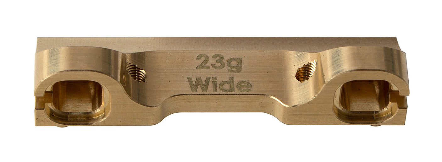 Team Associated RC10B6.3 FT Arm Mount C in wide brass for RC car, shown in close-up detail.