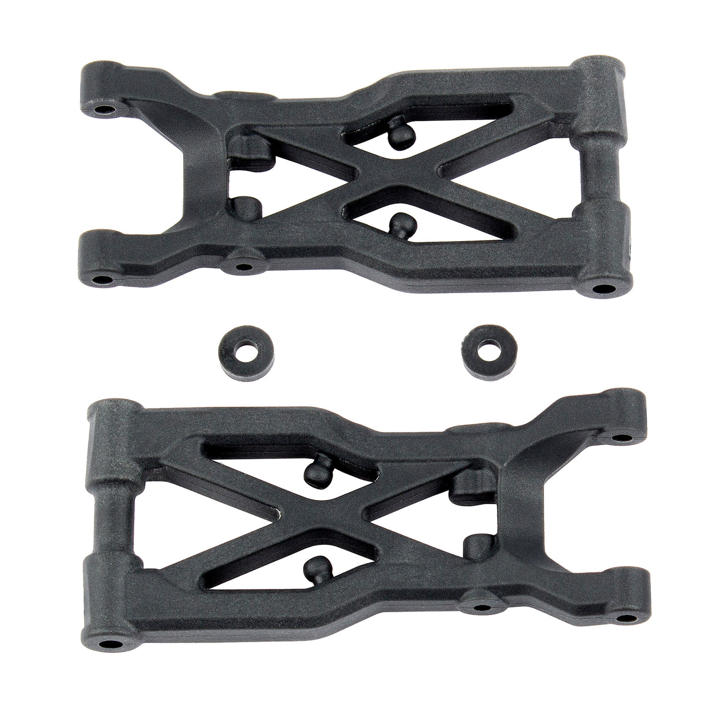 Team Associated RC10B74 rear suspension arms in hard plastic, shown on a scale model RC car for off-road racing.