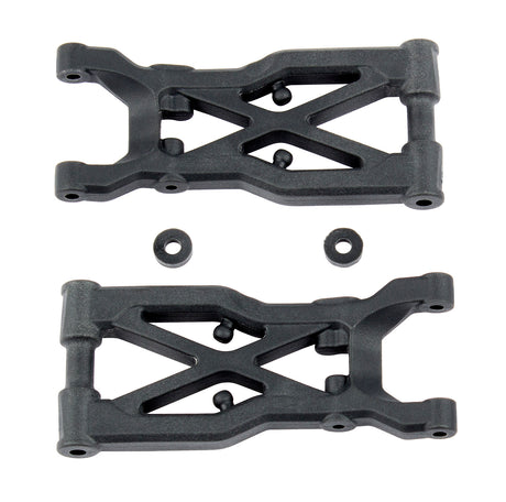 Team Associated RC10B74 rear suspension arms in hard plastic, shown on a scale model RC car for off-road racing.