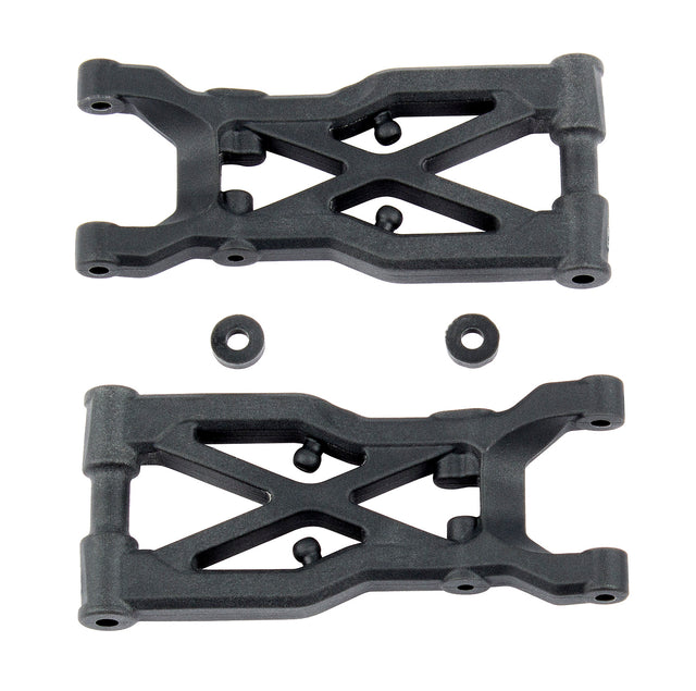 Team Associated RC10B74 rear suspension arms in hard plastic, shown on a scale model RC car for off-road racing.