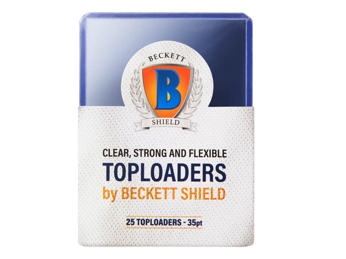 Beckett Shield Toploader 35PT card holder front view, 25-pack of clear plastic card protectors for collectible cards