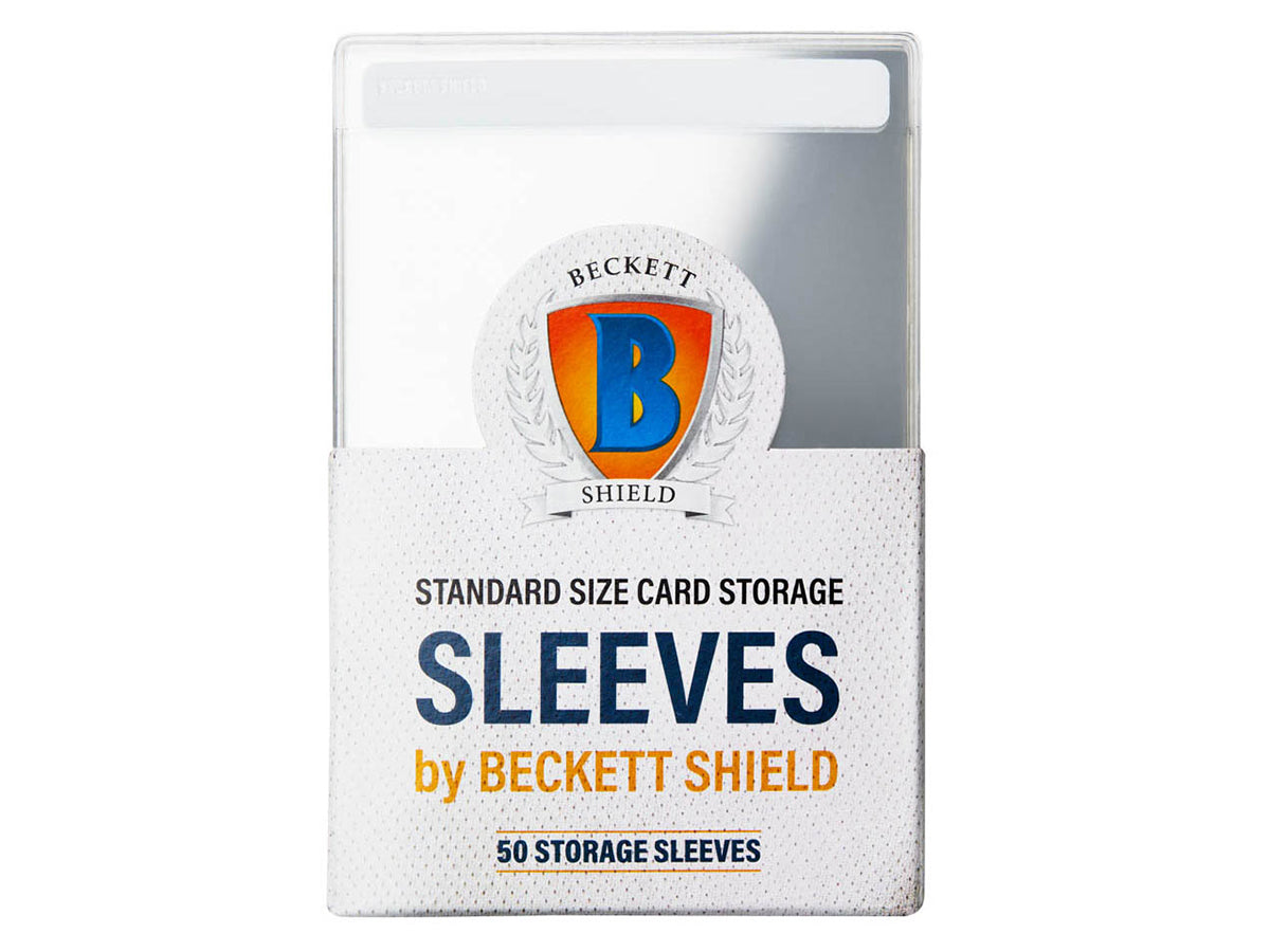 Beckett Shield standard semi-rigid card sleeves for protection, shown in a 50-count package with clear front view.