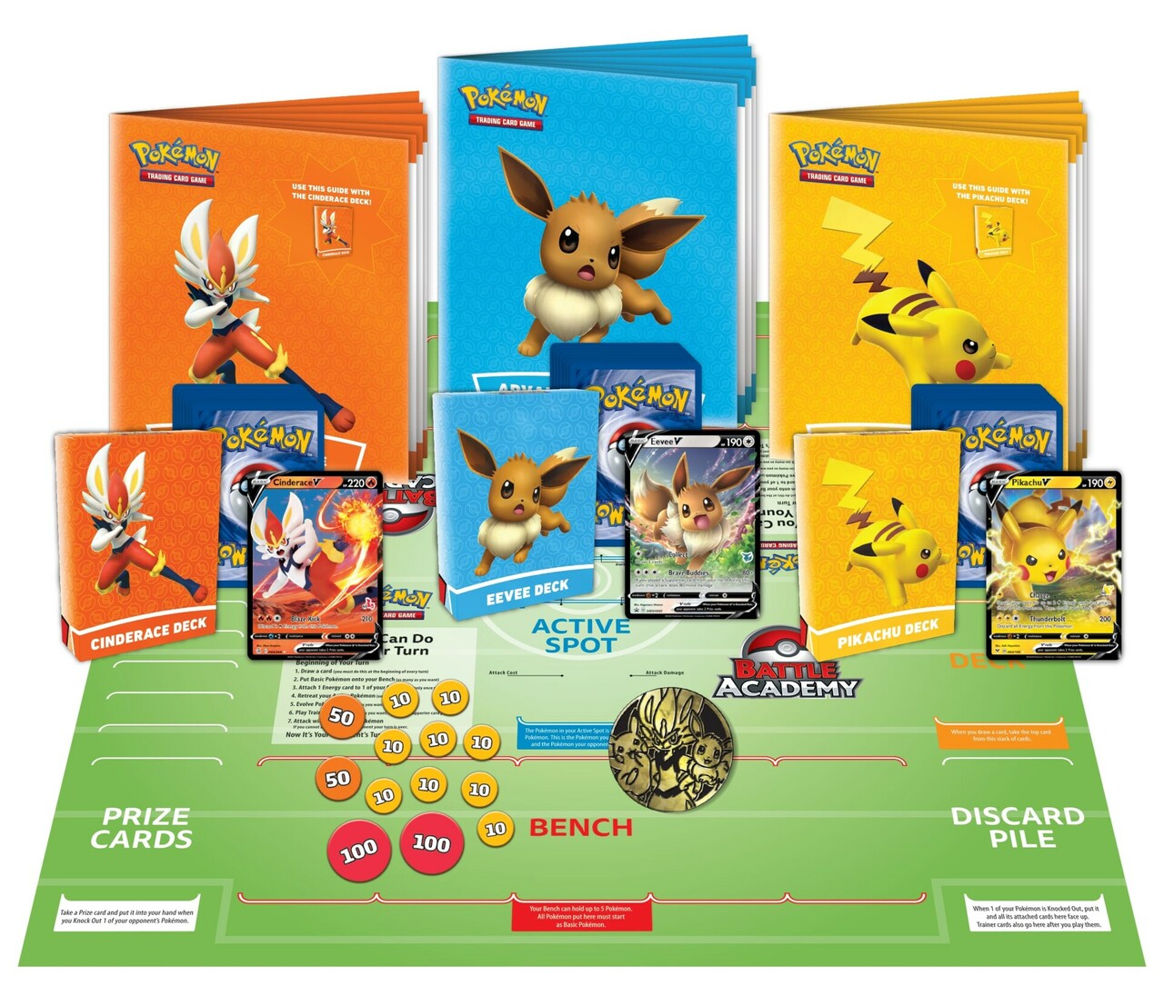 Pokemon Battle Academy 2022 card game set featuring Pokemon cards, game board, and accessories for strategic battles.