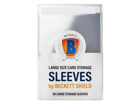 Beckett Shield large semi-rigid card sleeves for protecting trading cards, shown in a pack of 50.