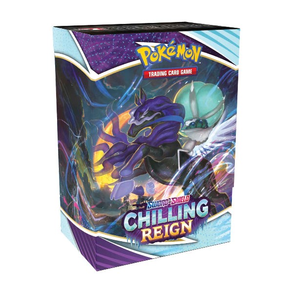 Pokémon TCG Chilling Reign Build & Battle Box featuring Pokémon cards, booster packs, and accessories for gameplay.