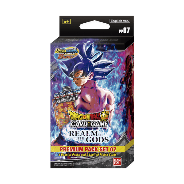 Bandai Dragon Ball Super: Realm of the Gods Premium Packs PP07 trading card pack with vibrant Dragon Ball artwork.