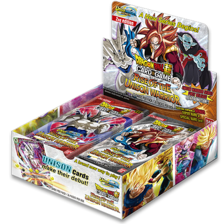 Bandai Dragon Ball Super Rise of the Unison Warrior Booster Box, 2nd Edition, featuring colorful Dragon Ball character artwork.