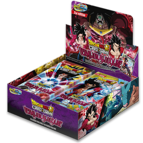 Bandai Dragon Ball Super Vermilion Bloodline Booster Box 2nd Edition with colorful packaging and Dragon Ball artwork.