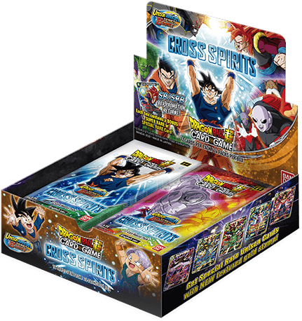 Bandai Dragon Ball Super: Cross Spirits booster box with colorful booster packs featuring Dragon Ball characters.