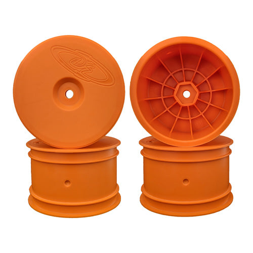 Orange DE Racing Speedline Buggy front wheels for TLR 22X-4 and EB410 RC cars, featuring lightweight, durable design.