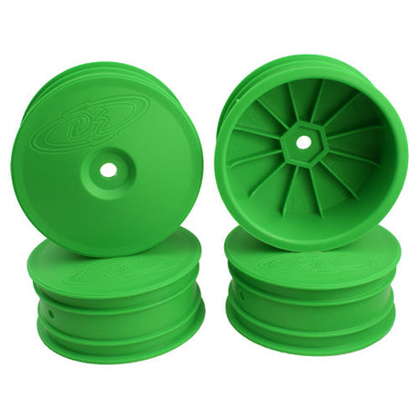 Green DE Racing Speedline Buggy Front Wheels for TLR and EB410 RC cars, featuring durable construction and lightweight design.