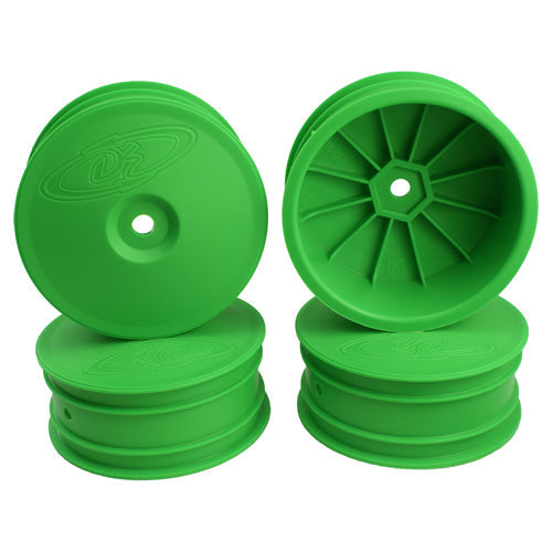Green DE Racing Speedline Buggy Front Wheels for TLR and EB410 RC cars, featuring durable construction and lightweight design.