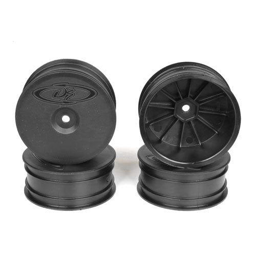 Black DE Racing Speedline Buggy front wheels for 22X-4 and EB410 RC cars, showcasing lightweight design and durable construction.