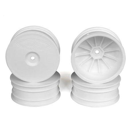 White DE Racing Speedline buggy front wheels for TLR 22X-4 and EB410 RC cars, featuring durable construction and detailed design.