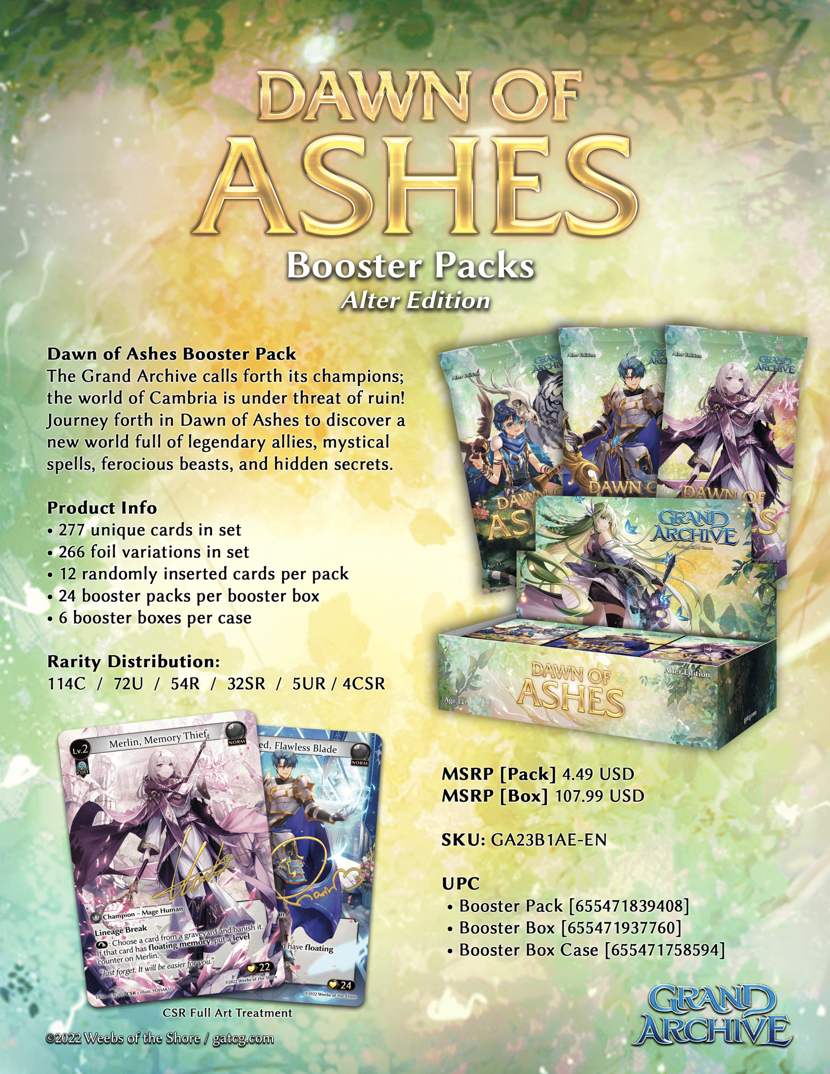 Dawn of Ashes Booster Box from Grand Archive TCG: Dawn of Ashes Alter Edition by Weebs of the Shore, featuring colorful card artwork.