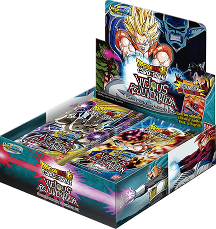 Bandai Dragon Ball Super Vicious Rejuvenation booster box with colorful trading card packaging and vibrant Dragon Ball artwork.