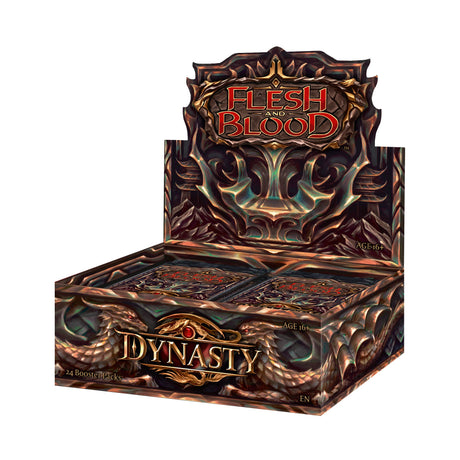 Flesh and Blood Dynasty Booster Box of collectible trading cards by Legends Story Studios, featuring colorful card artwork.