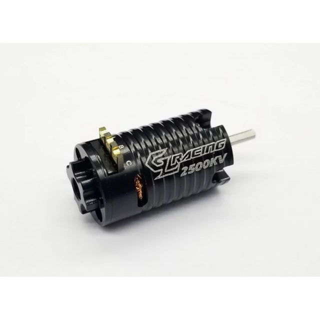 GL Racing brushless sensorless motor GMM-001-2500 for RC cars, showing the compact, high-performance motor with cooling fins and wiring.