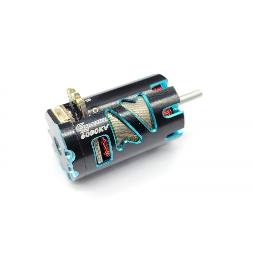GL Racing sensored brushless motor GMM-002-SD6000KV with cooling fins, mounted on a testing platform for RC car use.