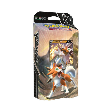Pokemon Lycanroc V Battle Deck from Pokémon TCG featuring a Lycanroc V card and deck components on a playing surface.