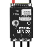Hobbywing EZRUN Mini28 ESC for 1/28 scale RC car, compact electronic speed controller with wiring and connectors visible.
