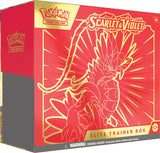 Pokémon Scarlet & Violet Elite Trainer Box for Pokémon TCG, featuring colorful packaging and game accessories.