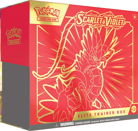 Pokémon Scarlet & Violet Elite Trainer Box for Pokémon TCG, featuring colorful packaging and game accessories.