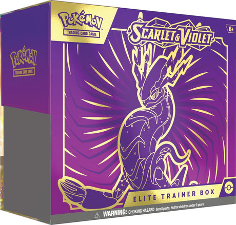 Pokemon Scarlet & Violet Elite Trainer Box for Pokémon TCG, featuring colorful packaging and card storage accessories.