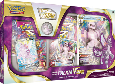 Pokemon Dialga and Palkia VSTAR Premium Collection cards featuring Origin Forme Palkia in a colorful display.