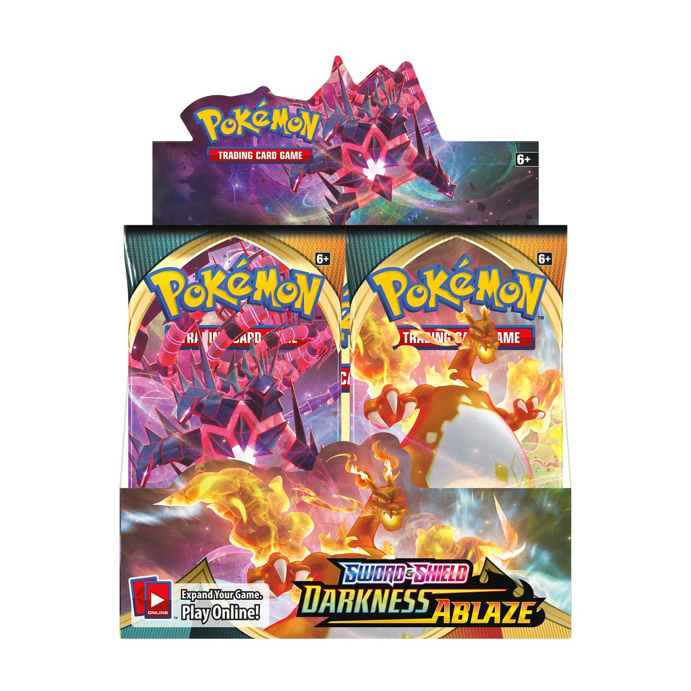 Pokémon Darkness Ablaze booster box featuring Pokémon TCG trading cards, colorful artwork, and branding on the packaging.