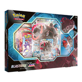 Pokemon Blastoise VMAX Battle Box with Pokémon cards and accessories, featuring vibrant Blastoise imagery and card collection.