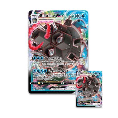 Pokemon Blastoise VMAX Battle Box with Pokemon trading cards and accessories, featuring detailed artwork of Blastoise VMAX.