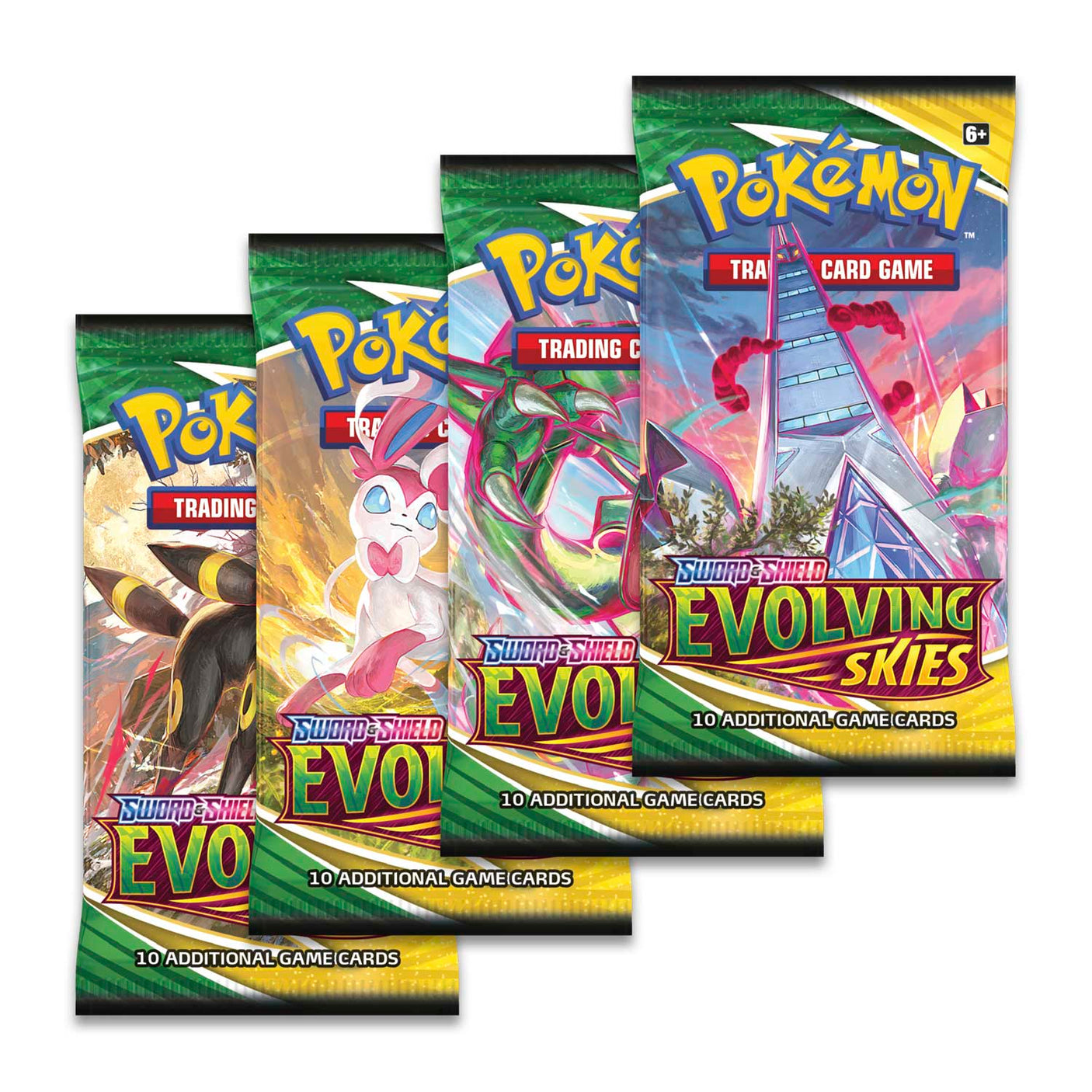 Pokémon TCG Evolving Skies Booster Pack with colorful Pokémon cards inside, featuring various Pokémon characters on the front.