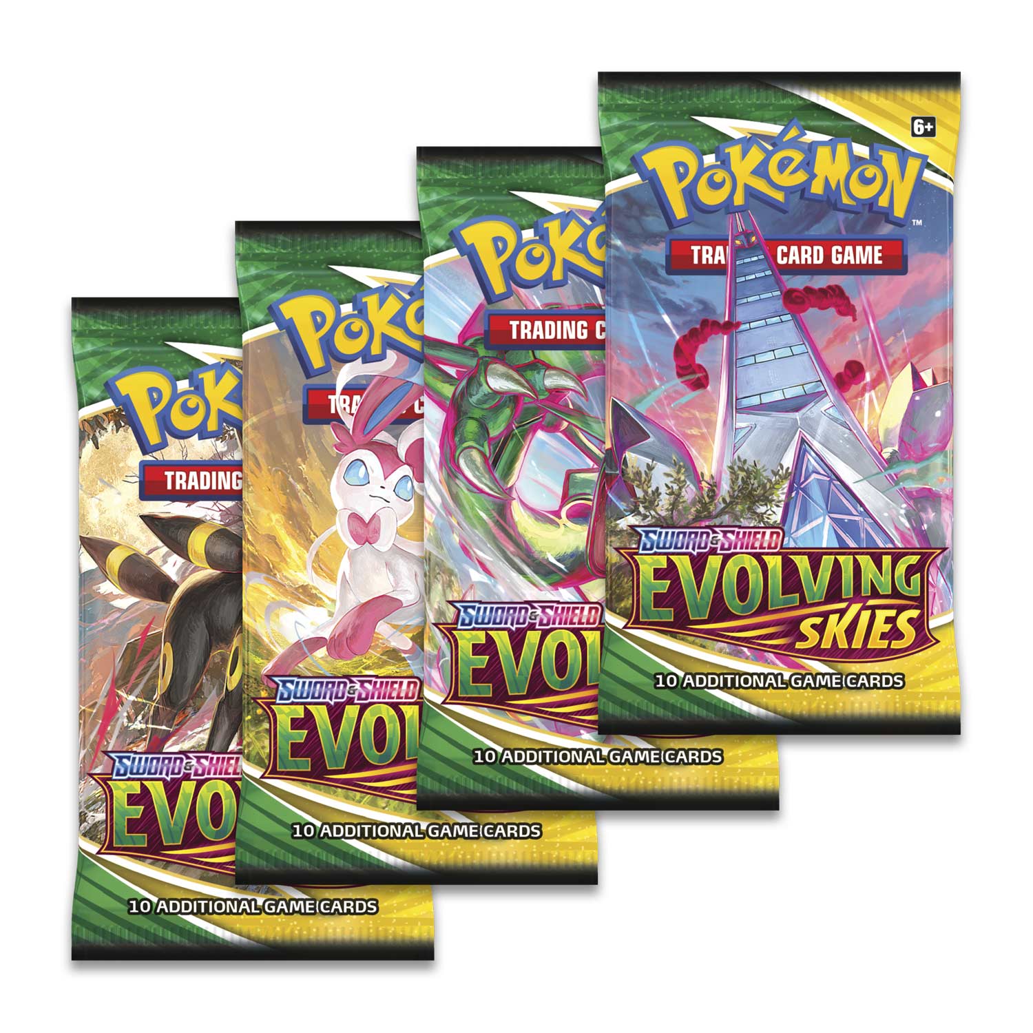 Pokémon TCG Evolving Skies Booster Pack with colorful Pokémon cards inside, featuring various Pokémon characters on the front.
