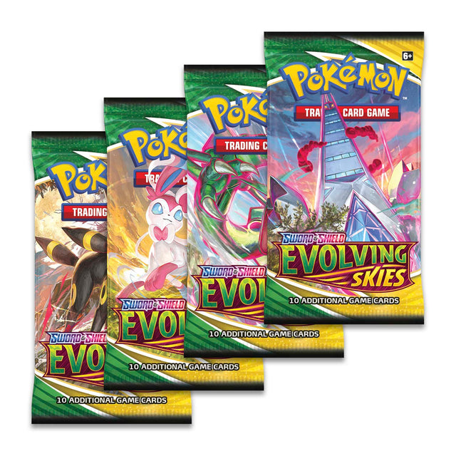 Pokémon TCG Evolving Skies Booster Pack with colorful Pokémon cards inside, featuring various Pokémon characters on the front.