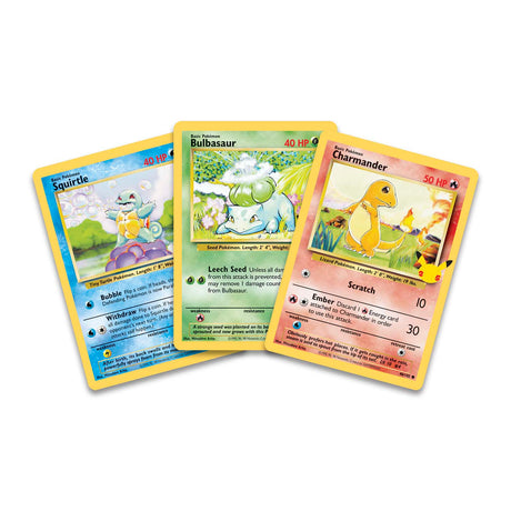 Pokémon TCG First Partner Pack Kanto featuring Pokémon cards and packaging with Pikachu, Bulbasaur, Charmander, and Squirtle illustrations.