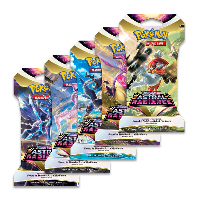 Pokemon Astral Radiance sleeved booster pack of Pokemon cards, featuring colorful card illustrations and branding.