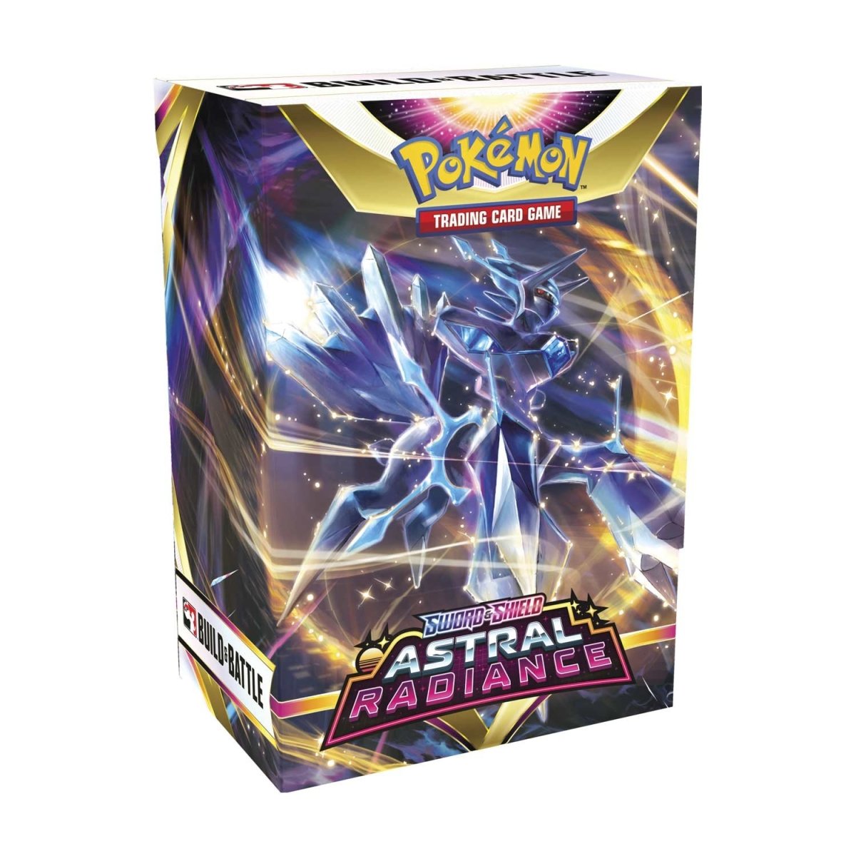 Pokémon Astral Radiance Build & Battle Box for Pokémon TCG, featuring booster packs, cards, and accessories for gameplay.