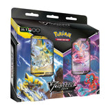 Pokémon TCG V Battle Deck featuring Zeraora and Deoxys with game cards and artwork from the Pokémon trading card game.