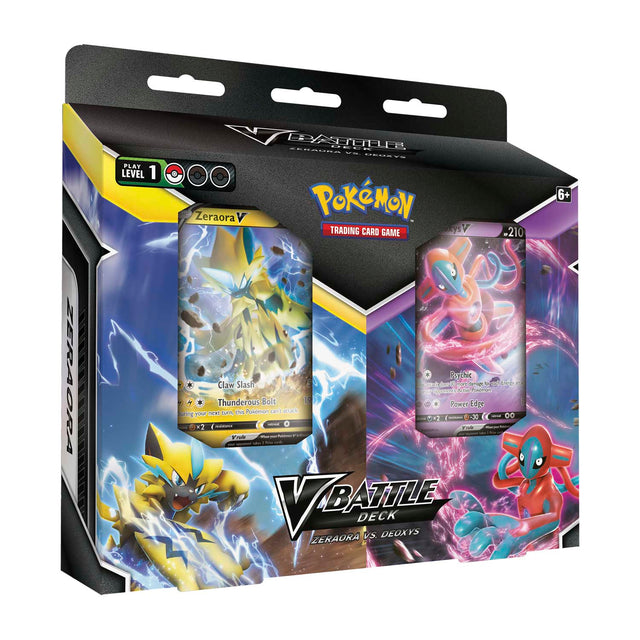 Pokémon TCG V Battle Deck featuring Zeraora and Deoxys with game cards and artwork from the Pokémon trading card game.