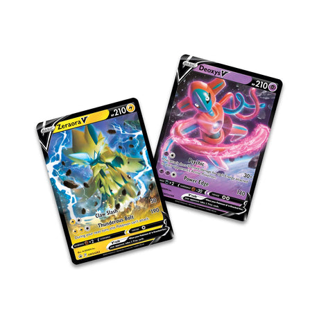 Pokémon TCG V Battle Deck featuring Zeraora and Deoxys cards from the Pokémon brand, shown in a colorful display.