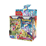 Pokemon Scarlet & Violet Booster Box with colorful packaging and booster packs featuring popular Pokemon characters.