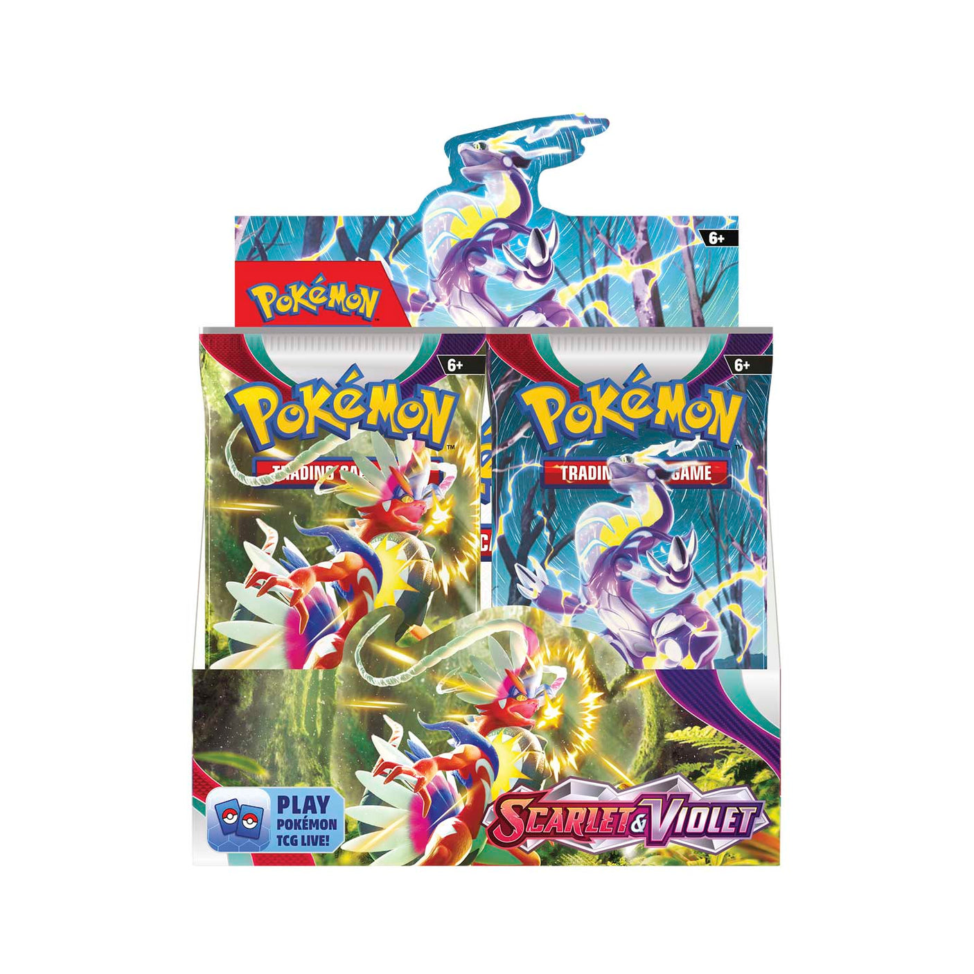 Pokemon Scarlet & Violet Booster Box featuring vibrant booster packs with colorful artwork and branding.