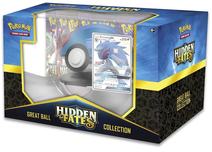 Pokémon Hidden Fates Great Ball Collection featuring Pokémon TCG cards and a Zoroark-themed Poké Ball display.