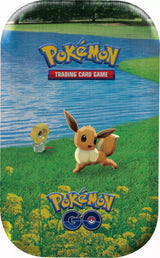 Assorted Pokémon GO Mini Tins with Pokémon trading cards from the Pokémon brand, featuring colorful designs and collectible cards inside.