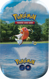 Assorted Pokémon GO Mini Tins with Pokémon trading cards and collectible items from the Pokémon brand.