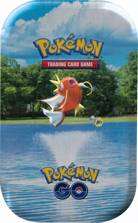Assorted Pokémon GO Mini Tins with Pokémon trading cards and collectible items from the Pokémon brand.