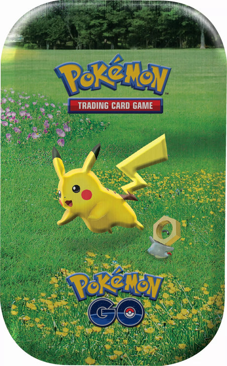 Assorted Pokémon GO Mini Tin with Pokémon trading cards and collectible items from the Pokémon brand.