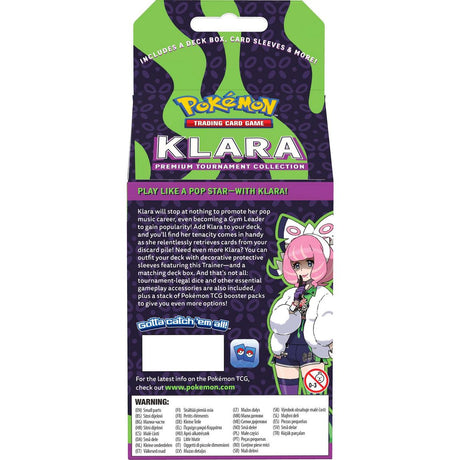Assorted Pokémon TCG Klara Premium Tournament Collection cards and packaging featuring vibrant Pokémon artwork and branding.