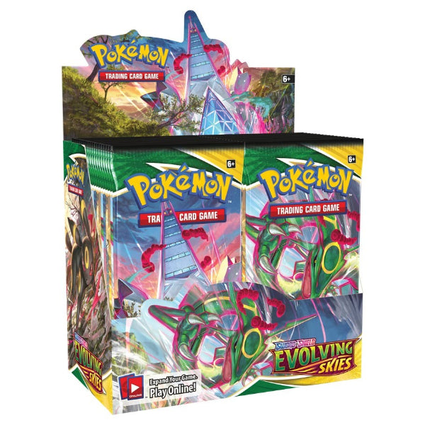Pokémon Evolving Skies Booster Box for Pokémon TCG featuring colorful packaging with booster packs and artwork.